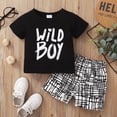 thumbnail image 2 of Kucnuzki 12 Months Newborn Baby Boy Spring Summer Outfits Shorts Sets 18 Months Short Sleeve Casauk Letter Pattern T-Shirt Top Elastic Lattice Shorts 2PCS Set Black, 2 of 7