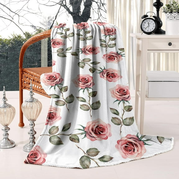 Soft, Lightweight, Warm Cozy Throw Blanket:Watercolor Pink Rose Throw Blanket - 50x60in Bed Throw Blanket Gift for Women & Ideal for Room, Couch Decor