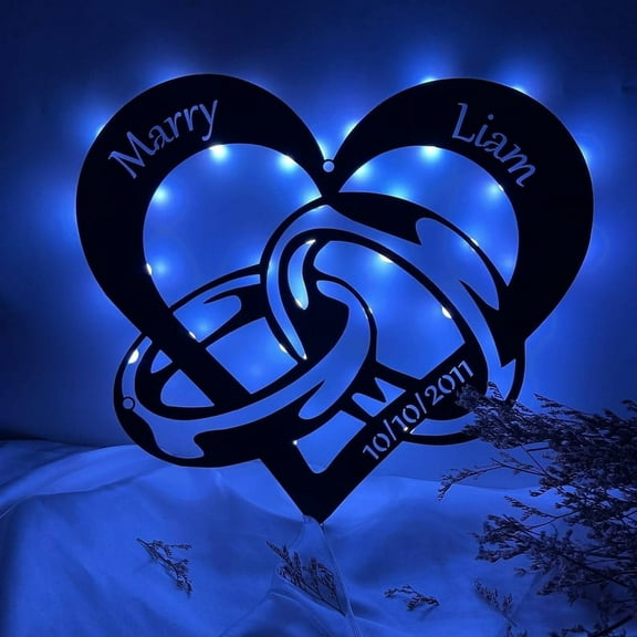 Handmadetneonsign Personalized Heart Rings Metal Wall LED Light, Marriage Couple Led Gift Sign