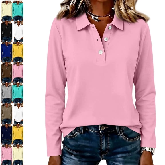 Womens Long Sleeve Polo Shirts V Neck Collared Button Down Shirt | Polo Shirts,V Neck, Collared, Button Down Pink XL