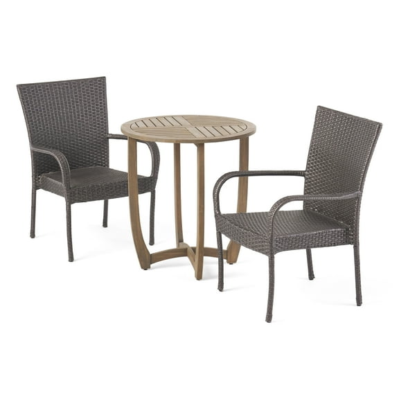 GDF Studio Danyella Outdoor Acacia Wood and Wicker 3 Piece Bistro Set, Gray