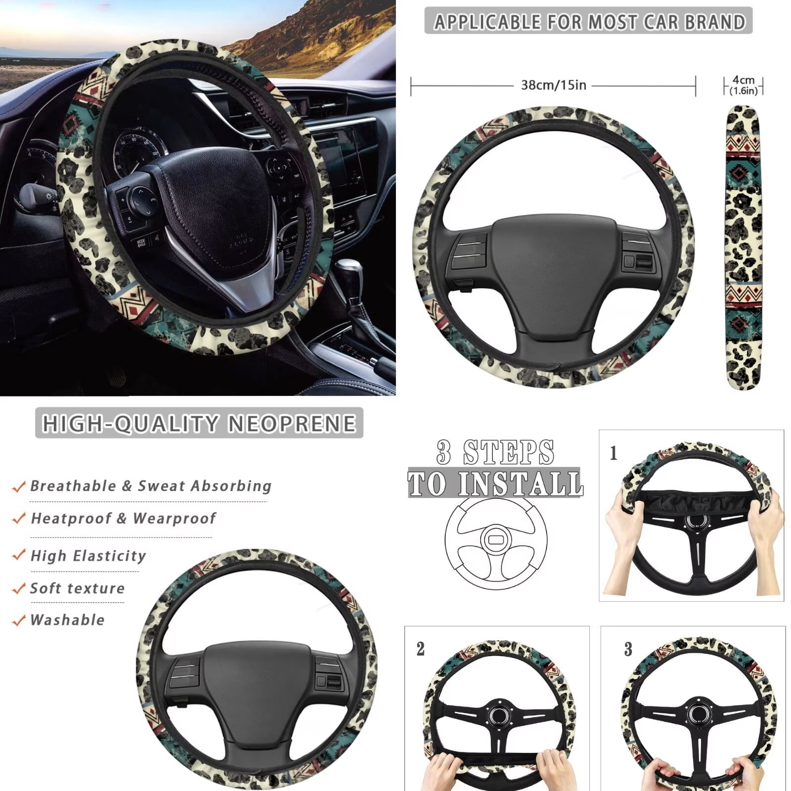 FKELYI American Tribal Cow Print 16 Pcs Auto Interior Set Car Seat Covers with Steering Cover Seat Belt Pads Armrest Pad Coasters Headrest Protector Handbrake Covers Gear Shift Knob Sleeve