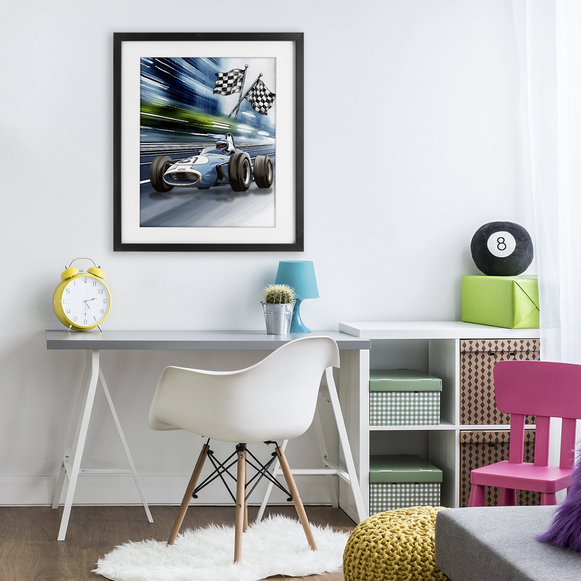 Stupell Industries Speedy Racecar with Flags Black Framed Print Under Glass, design by Christine Simpson Art