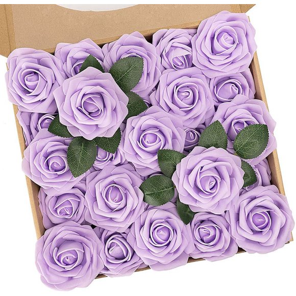 Purple Artificial Flowers, 25pcs Artificial Flowers Bulk Fake Flowers Roses with Stem for DIY Wedding Bridal Bouquet Baby Shower Home Decoration, Lavender Lavender 25pcs