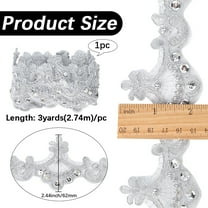 1 pc 3 Yards Polyester Flower Lace Ribbon Lace Trimming with Imitation Pearls Silver 2-1/2 inch(62mm)