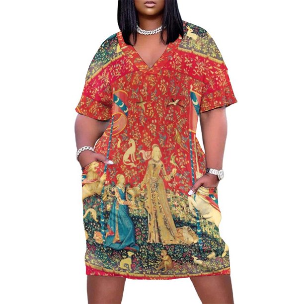 Vestido de vendaje con bolsillo suelto para mujer traje de festival flores de fantasía rojo verde animales gusto de dama y io