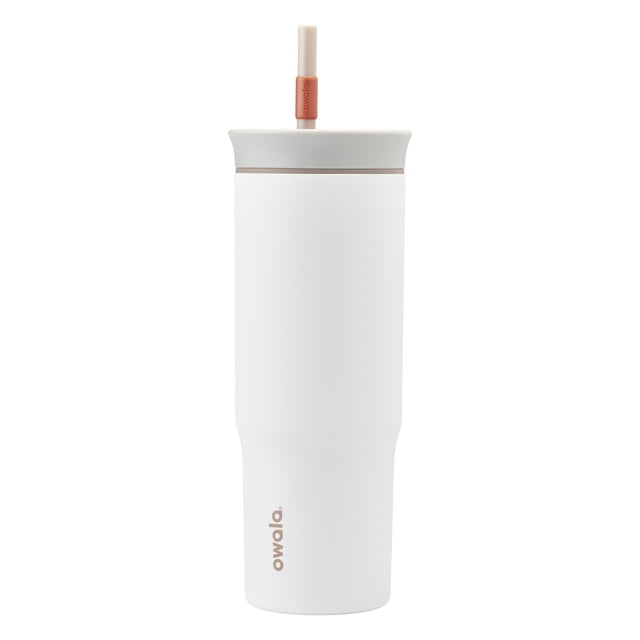 Vaso de viaje Owala de acero inoxidable, 710 ml, aislante, gris y blanco