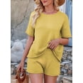thumbnail image 6 of Women Loose Round Neck Casual Short Sleeve Shorts Knitted Suit Summer 2 Piece Soft Lounge Sets and Shorts Set Yellow S, 6 of 8
