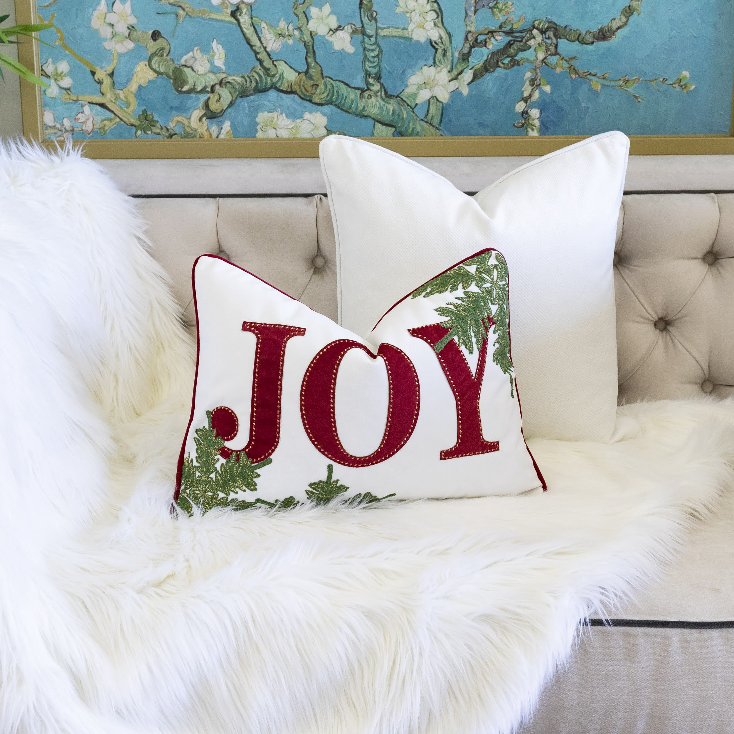 Joy Embroidered Velvet Throw Pillow with Gold Stitching Green Foliage 14x20 Inch Holiday Decor