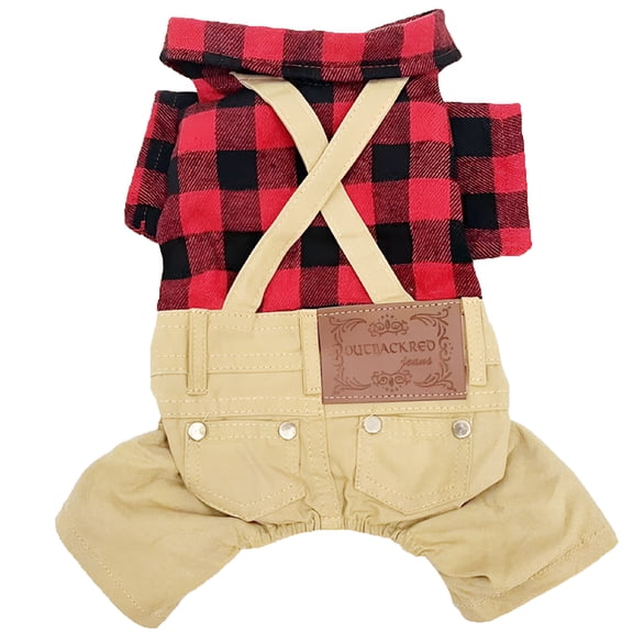 TELOLY Dog Overalls Pet Clothes Boy Dog Outfits Jumpsuit Black/Red Plaid Shirt Top with Overalls Puppy Clothes Dog Costume Beige Jeans Pants Jumpsuit for Small Dog - S