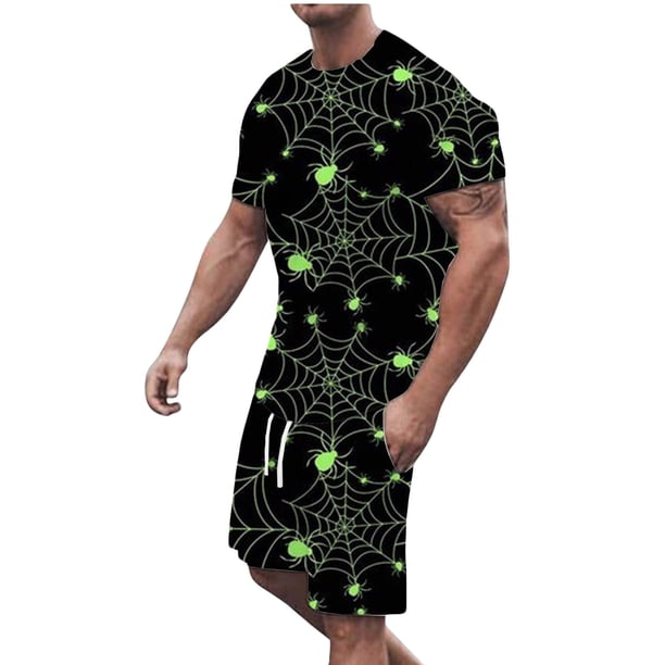 Conjunto de blusa y pantalones de manga corta con estampado 3D de camiseta de cuello redondo de Halloween informal para hombres Pompotops oipoqjl35828
