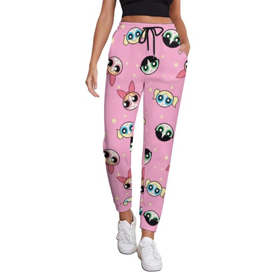 The Powerpuff Girls Women's Jogger Track Pants Print Drawstring Lounge Sweatpants Casual Trousers for Yoga, Workout S