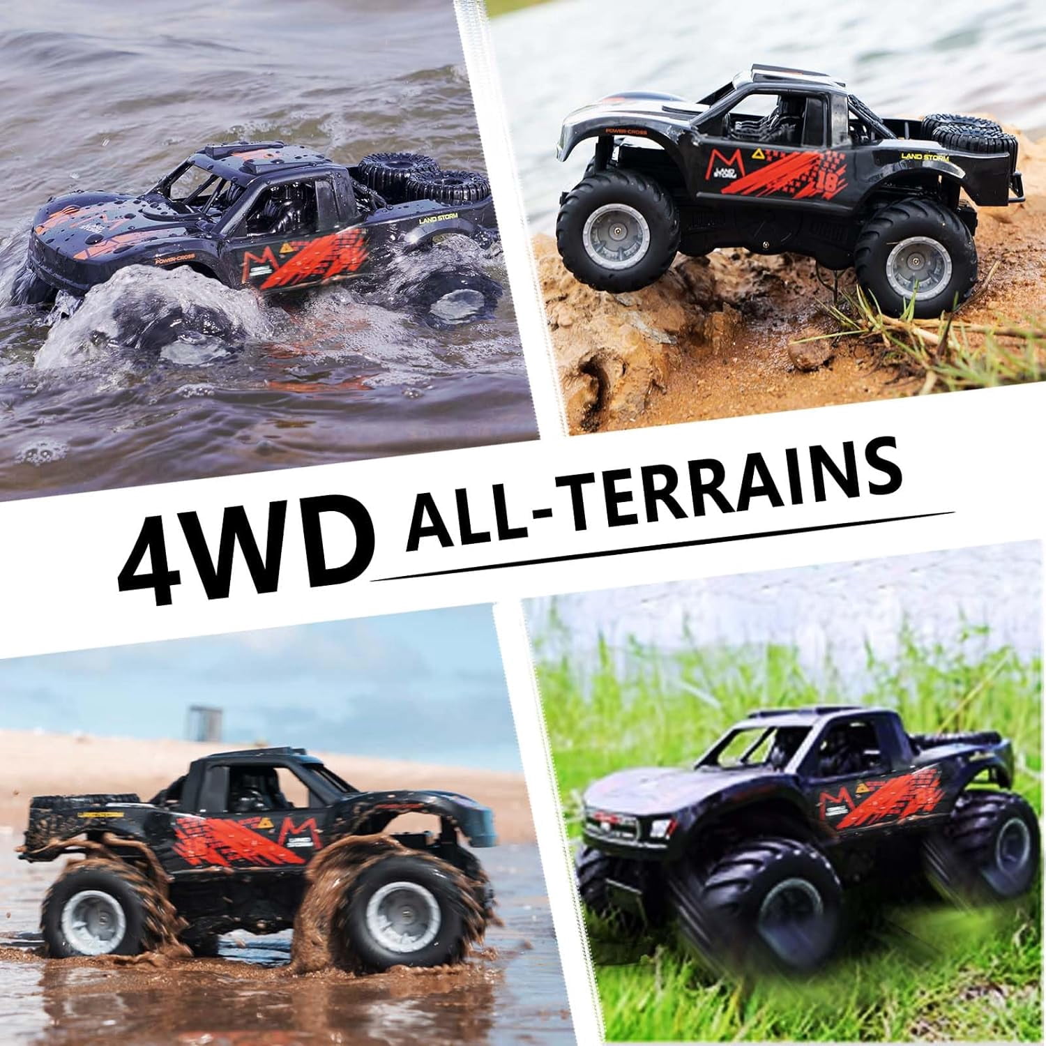 Amphibious Remote Control Car Truck Toys, 1:16 All Terrain 4WD Off-Road RC Car Waterproof, Monster Truck for Boys, Kids Pool Toys Gifts, 2 Batteries
