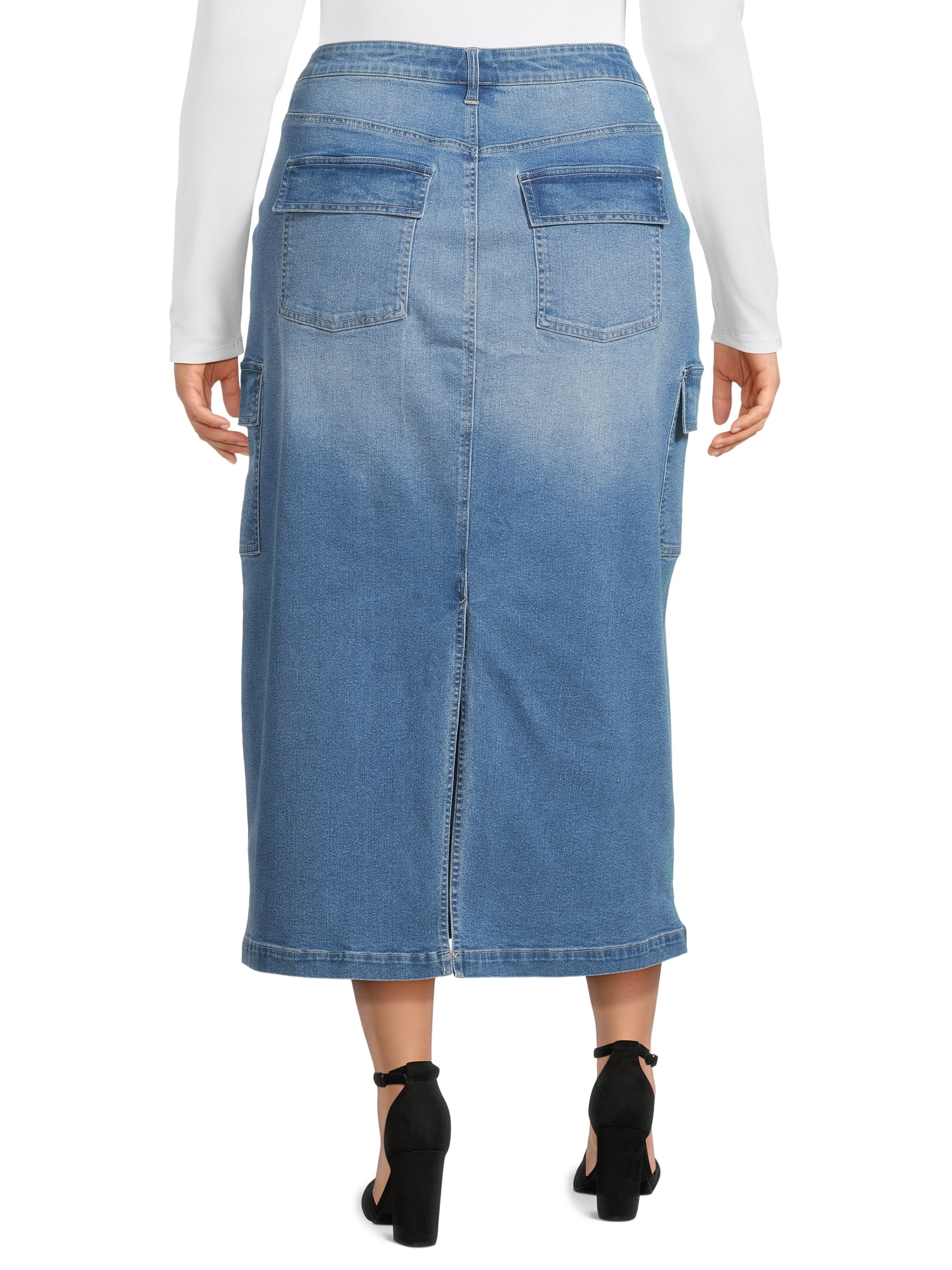 Alivia Ford Women's Plus Denim Midi Skirt with Cargo Pockets