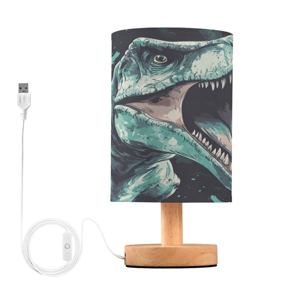 WOBOGO Tyrannosaurus Rex Bedroom Table Lamp USB Power Connector Wooden Base Round Linen Shade For Living Room Desk