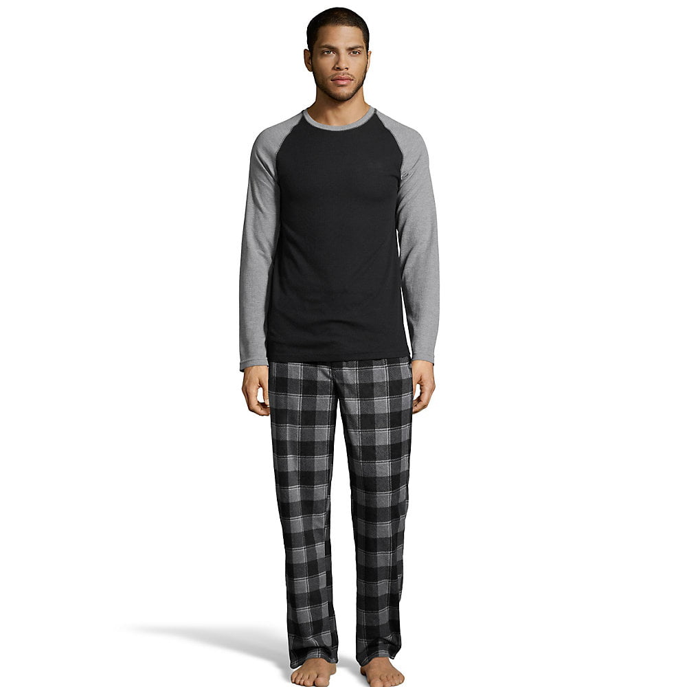 Hanes Mens Long Sleeve Top and Plaid Flannel X-Temp Microfleece Sleep Set 