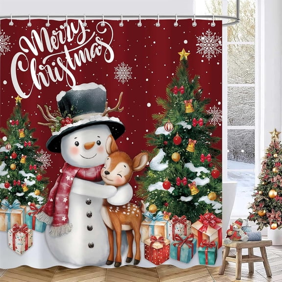 Christmas Shower Curtain Snowman and Deer with Red Christmas Trees for Bathroom 71x71 inches