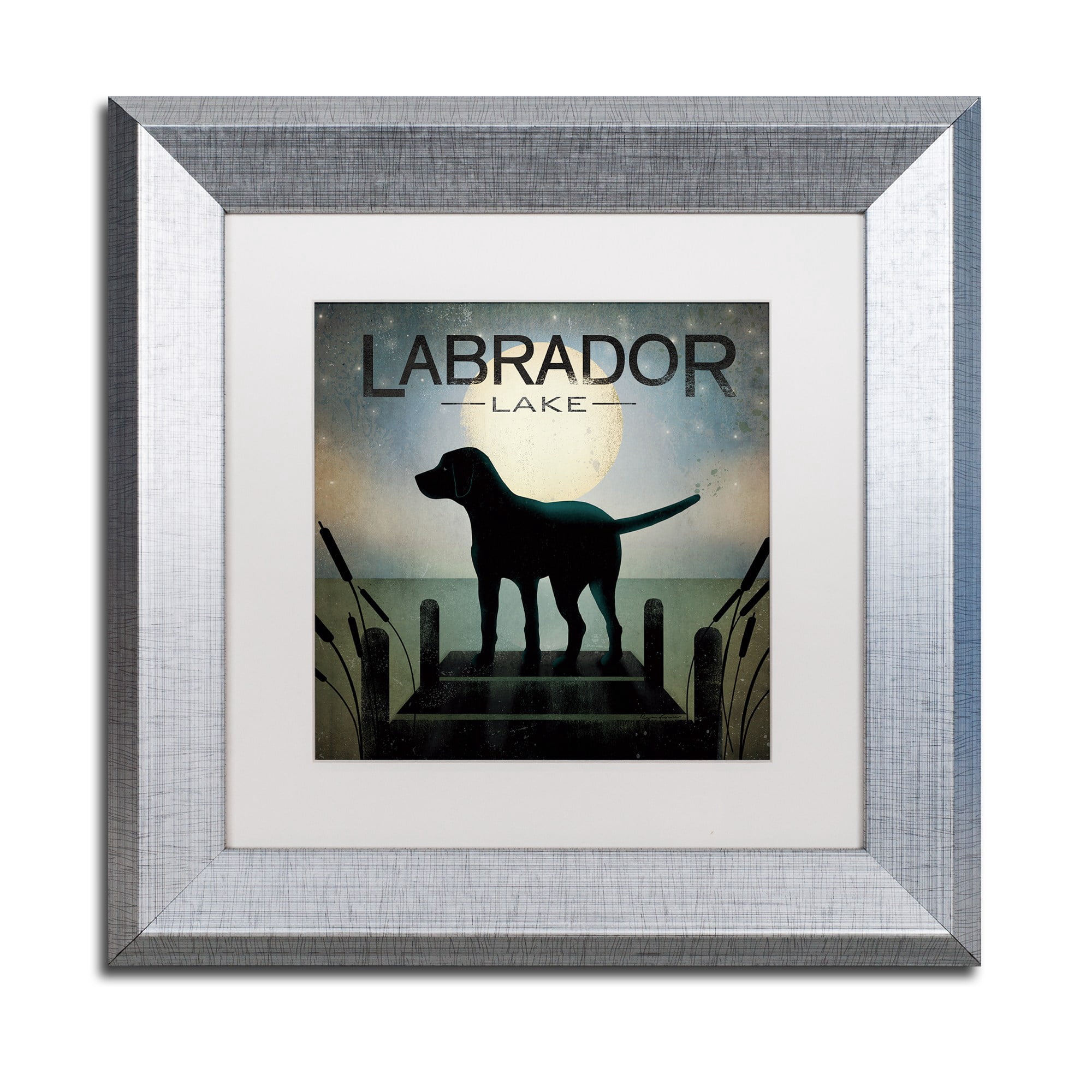 Trademark Fine Art "Moonrise Black Dog Labrador Lake" Canvas Art by Ryan Fowler White Matte, Silver Frame
