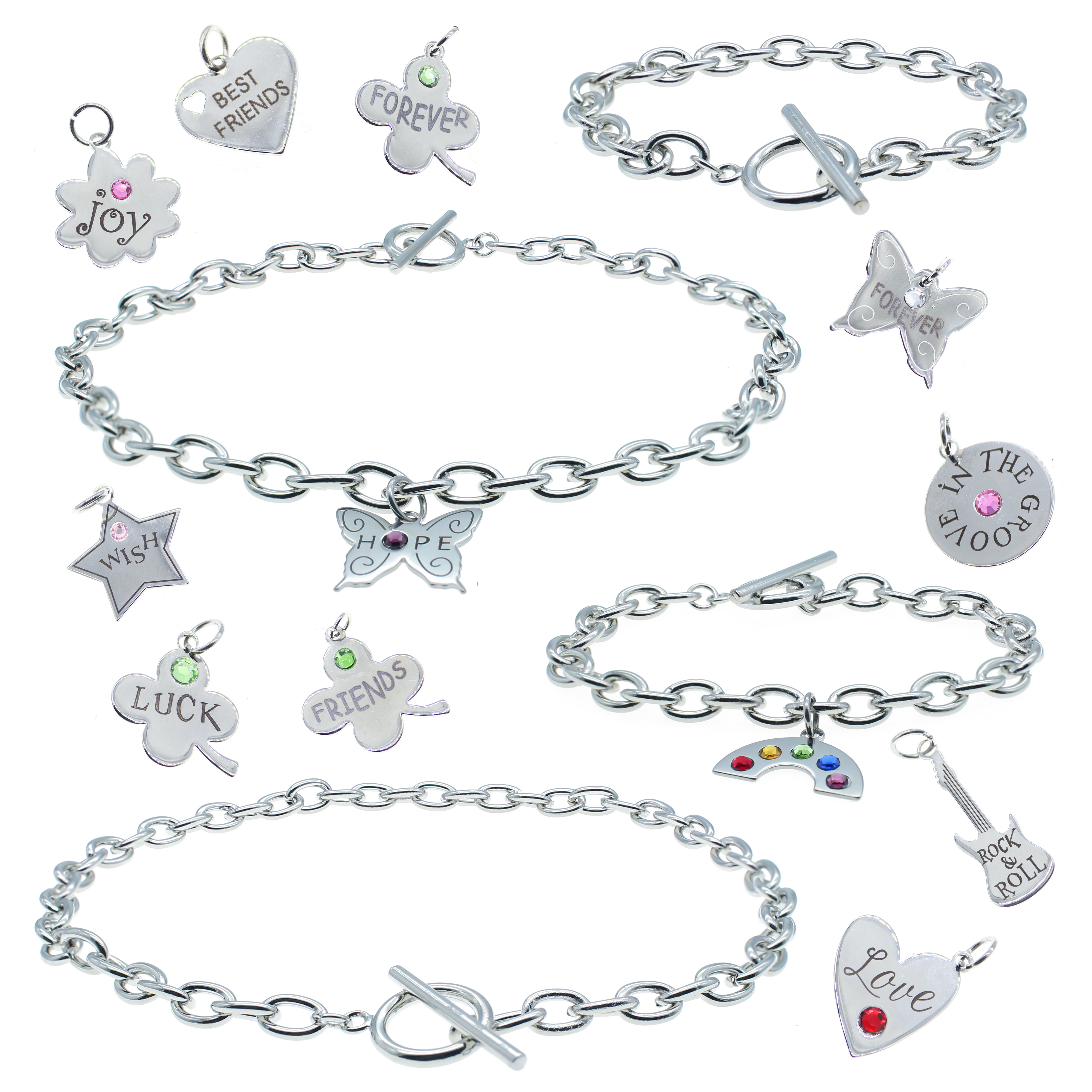 6 CHARM BRACELET BLANKS SILVER PLATED 8"  WITH FLOWER TOGGLE CLASP  TOP QUALITY 
