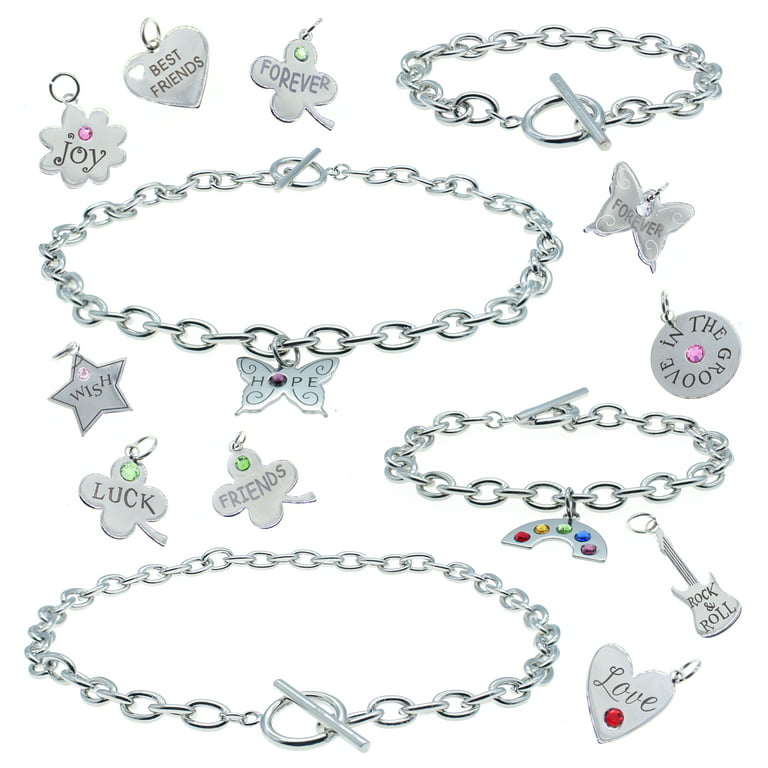 Fablinks 3 Toggle Clasp Necklaces & 3 Toggle Bracelets Jewelry Making Kit for Adults with 12 Charms - DIY Stainless Steel Chains with Toggle Clasps, Women's