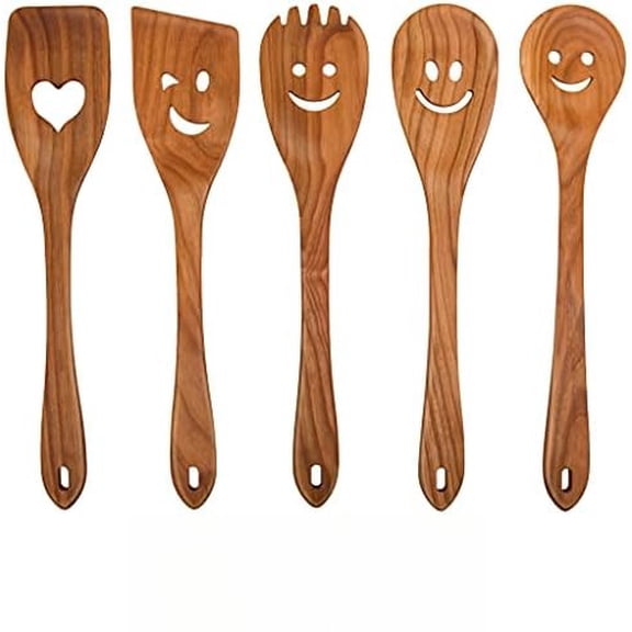 MFC 5-Piece Wooden Cooking Spoons - Kitchen Set from Natural Cherry Wood - Wooden Spoons for Cooking - Funny Utensil Set with Smiley Faces - Cooking Multipurpose Wood Utensils