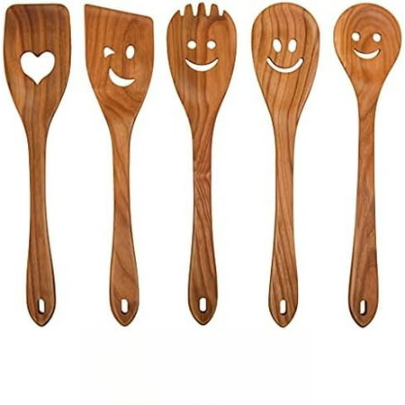 MFC 5-Piece Wooden Cooking Spoons - Kitchen Set from Natural Cherry Wood - Wooden Spoons for Cooking - Funny Utensil Set with Smiley Faces - Cooking Multipurpose Wood Utensils