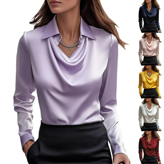 Women's Satin Cowl Neck Long Sleeve Blouse Elegant Silky Formal Office Top for Work, Business Pink XL