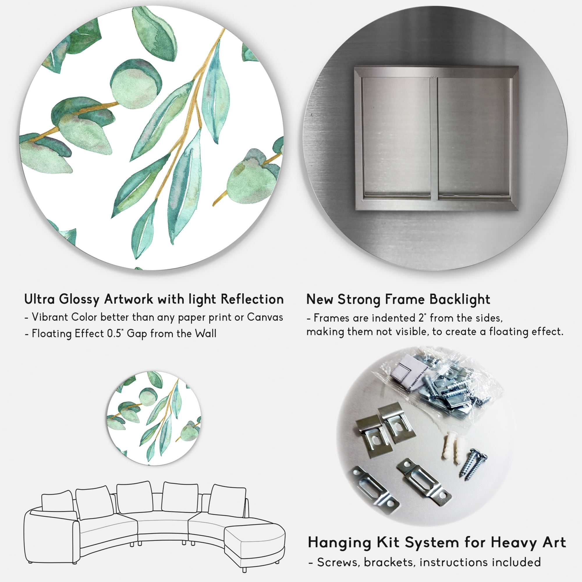 Designart 'Young Eucalyptus Branches and Leaves III' Traditional Circle Metal Wall Art 11x11 - Disc of 11