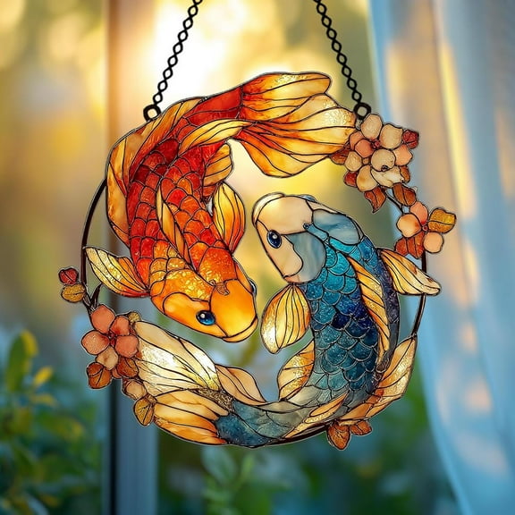 Yin Yang Koi Fish Faux Stained Glass Suncatcher â€“ Acrylic Hanging Window Art with Koi Fish & Blossoms, Zen Garden Gift for Balance and Peace