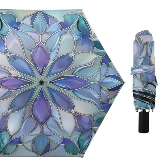 Compact Sun Umbrella Windproof Travel Umbrellas for Rain Strong Portable UV Protection Purple Blue Floral Stained Glass