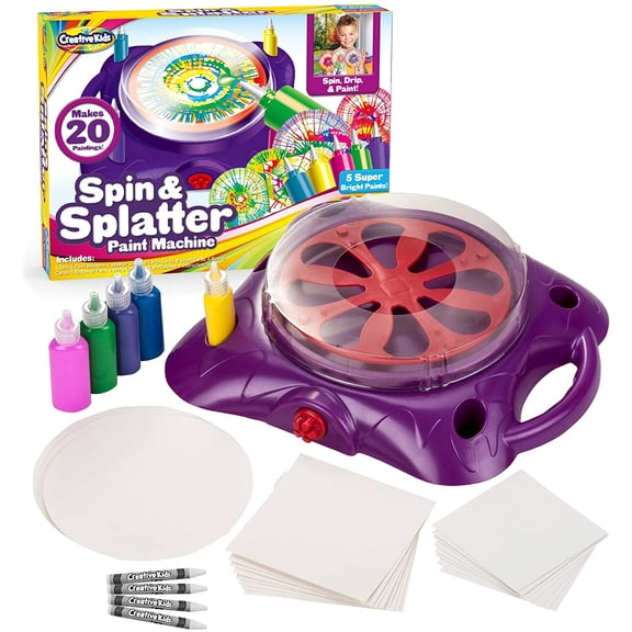 Creative Kids Spin & Paint Art Kit - Spinning Art Machine + Protector flexible para salpicaduras + 5 botellas de pintura + 8 tarjetas grandes, 8 pequeñas, 4 redondas + 4 crayones blancos | Niños peque