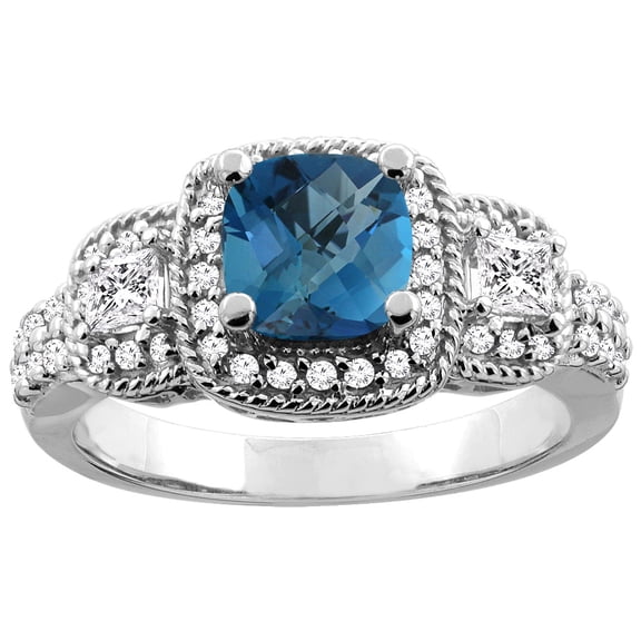 14K White Gold Natural London Blue Topaz Ring Cushion-cut 6x6 mm Diamond Accent, size 9.5