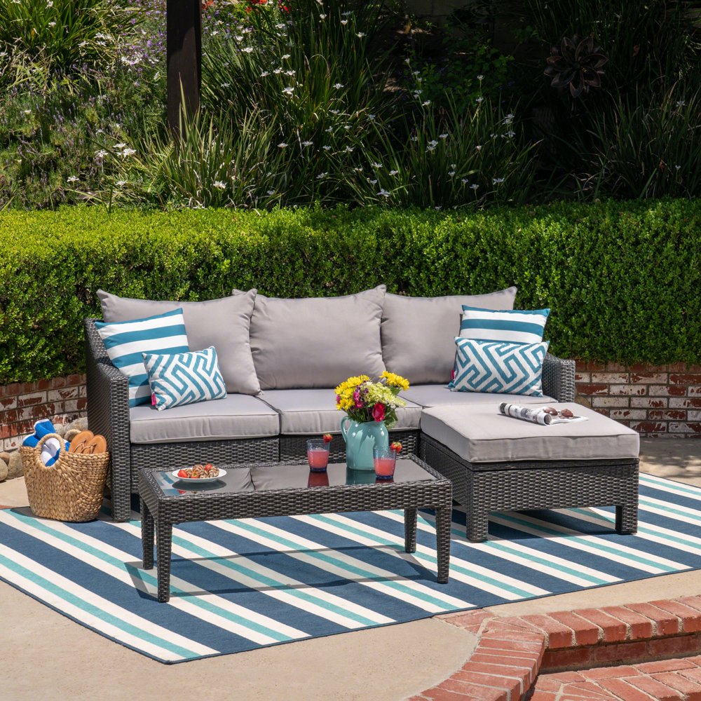 Estelle Outdoor L Shaped Wicker Sectional Sofa Set with Cushions, Grey
