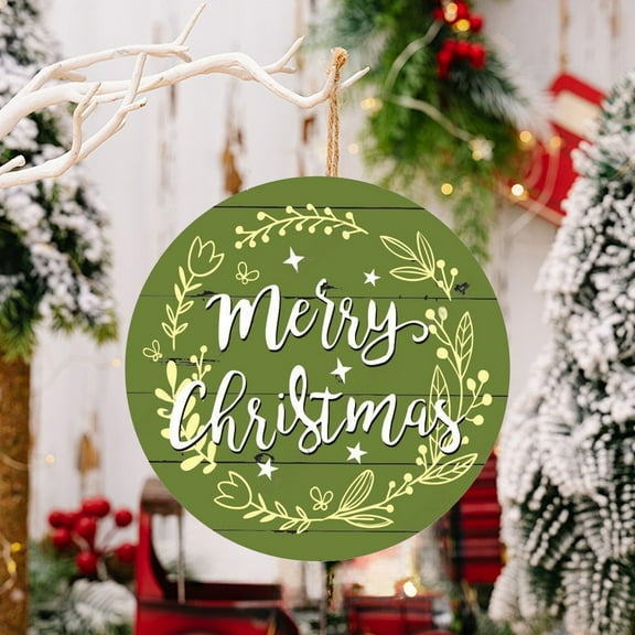 PONPRNGY Merry Christmas Door Sign Hanging Round Wooden Plaques Welcome Front Door Sign New Year Wooden Sign Christmas themed Winter Art for Home Indoor Outdoor Decoration