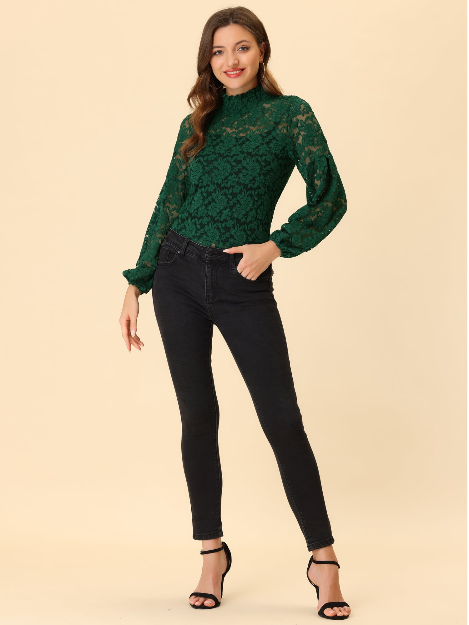 DARING DIVA Lace Elastic Cuff Long Sleeves Vintage Blouse M Dark Green