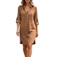 thumbnail image 6 of Fwqbns Women's Linen Casual Tunic Shirt Dress V Neck 3/4 Sleeve Loose Fit Beach Mini Dress Summer Vacation Outfit Coffee, 6 of 9