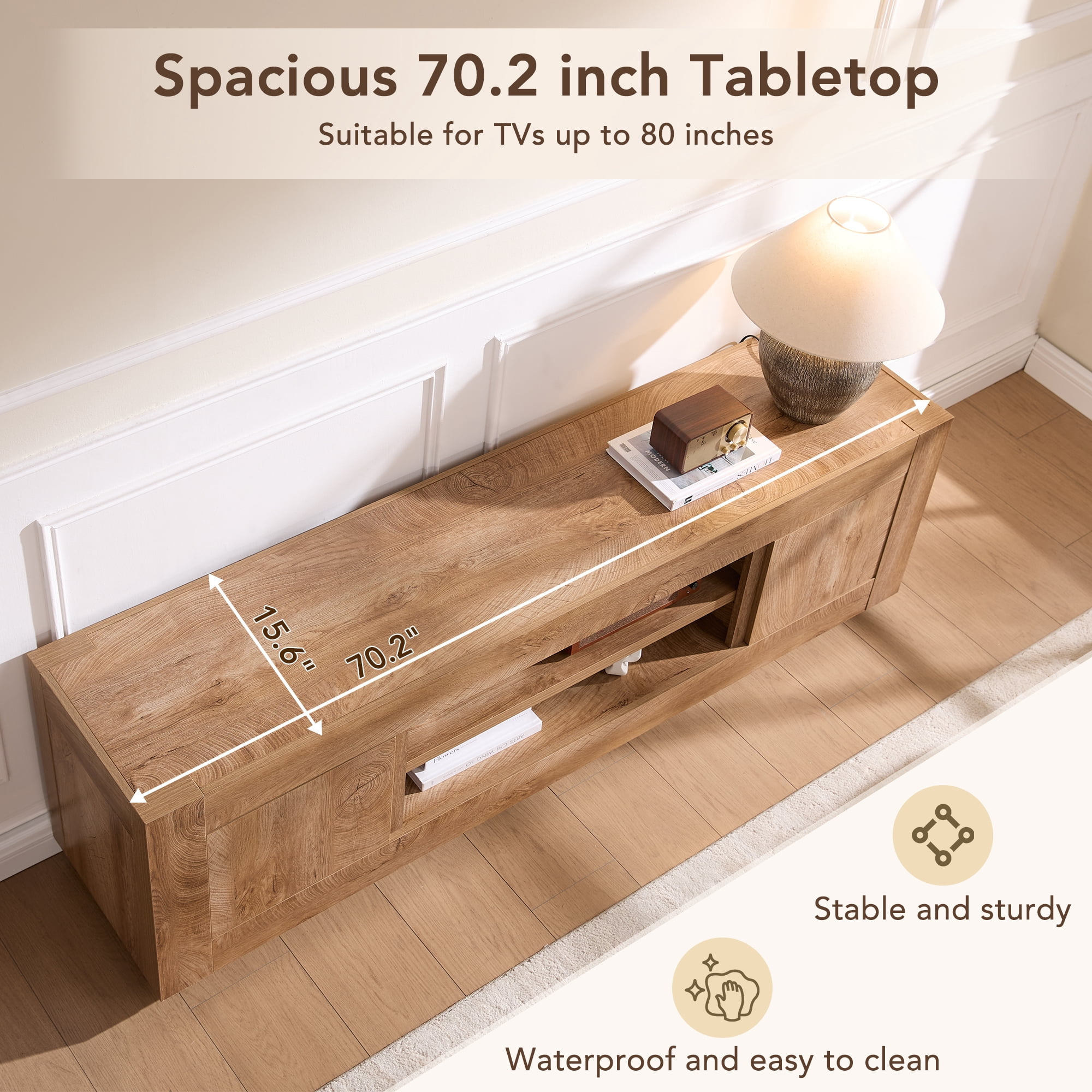 KeyWhat 70" Modern Low Profile TV Stand for TVs up to 80", Open Storage & Adjustable Shelves