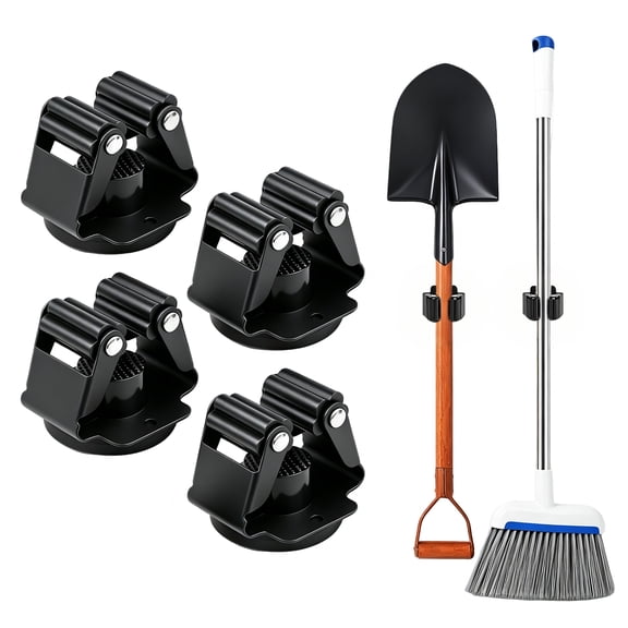 Godance 4 Pcs Magnetic Mop Broom Holder, No Drill Heavy Duty Movable Wall Mount Utility Storage Rack for Garage, Kitchen, Laundry Room & Garden Tools, Black