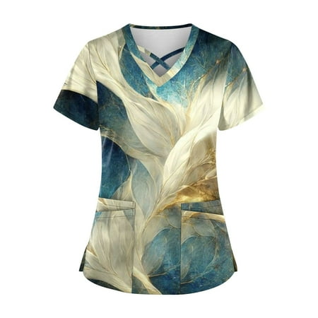 

Bicoasu Plus Size Cute Printed Scrub Working Uniform Tops For Women Cross V-Neck Short Sleeve Fun T-Shirts Working Uniform Tee With Pockets Green 5XL