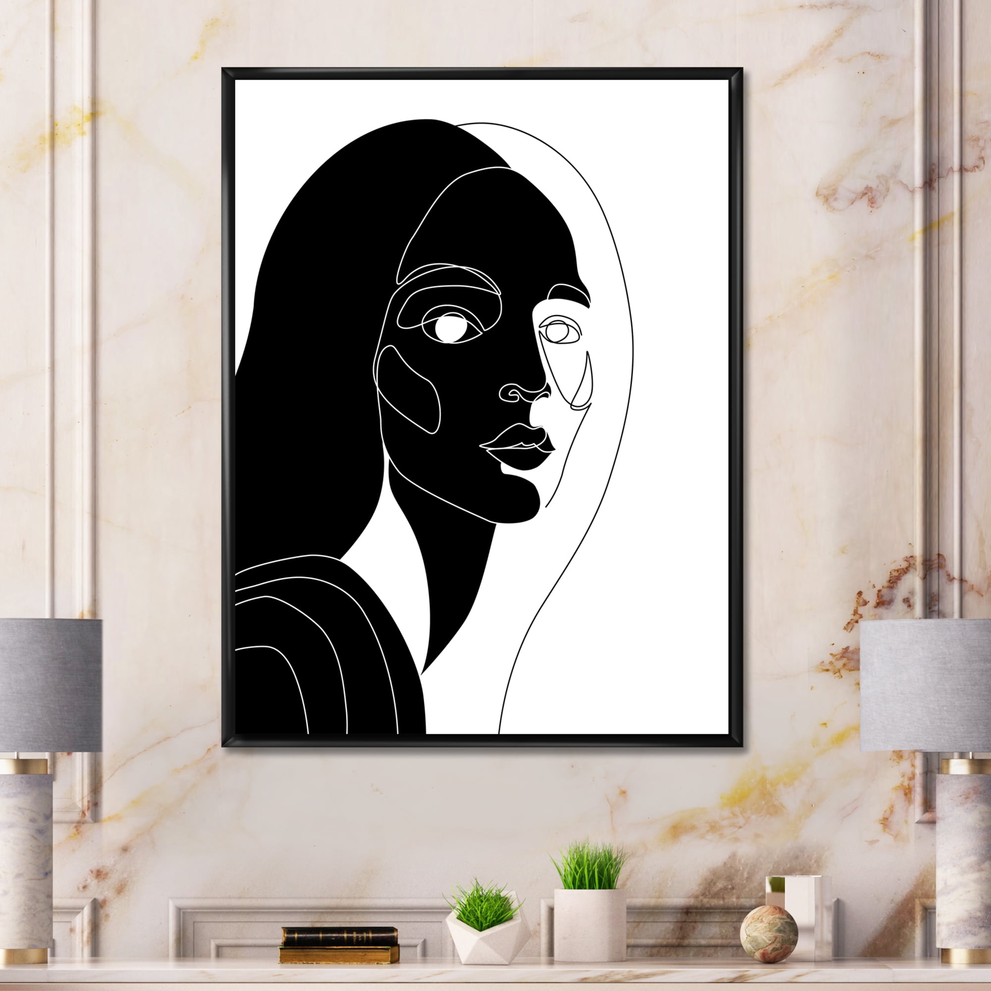 Designart 'Retro Black and White Minimal Portrait of Young Girl' Modern Framed Canvas Wall Art Print