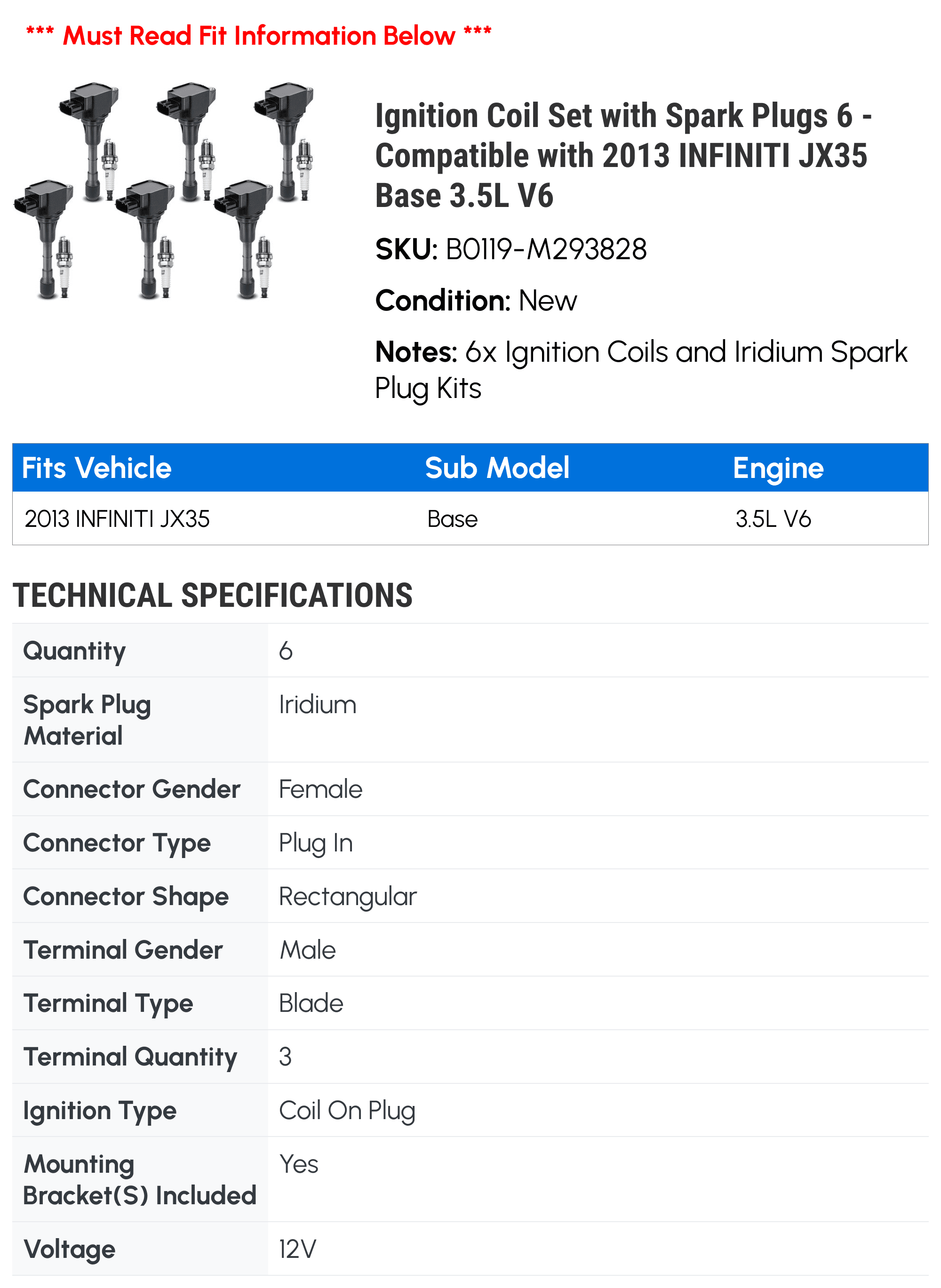 Ignition Coil Set with Spark Plugs 6 - Compatible with 2013 INFINITI JX35 Base 3.5L V6 - Autopart Premium