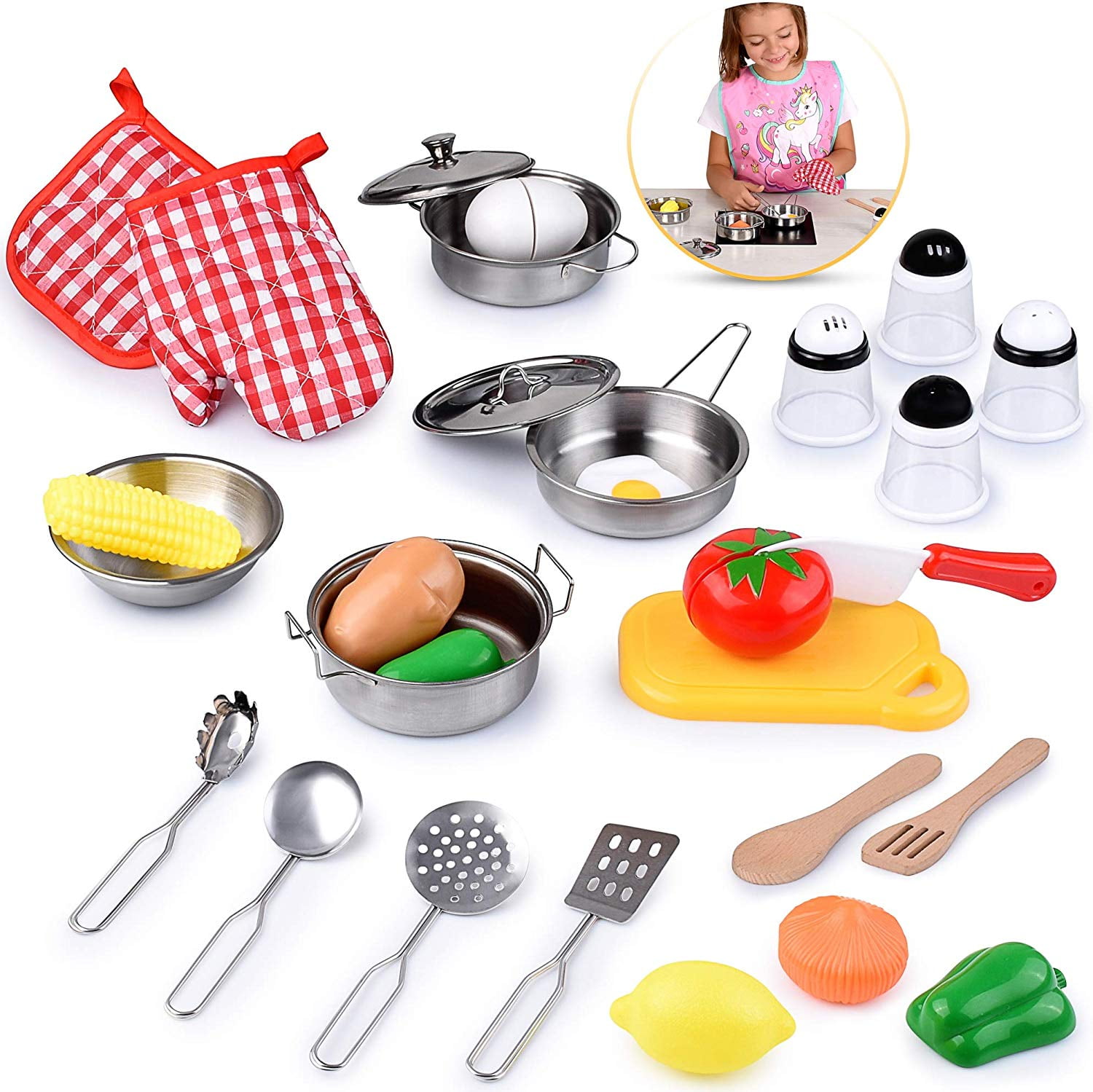 25pc Children Kids Kitchen Utensils Pots Pans Play Toys Dishes Food Cook Cooking 