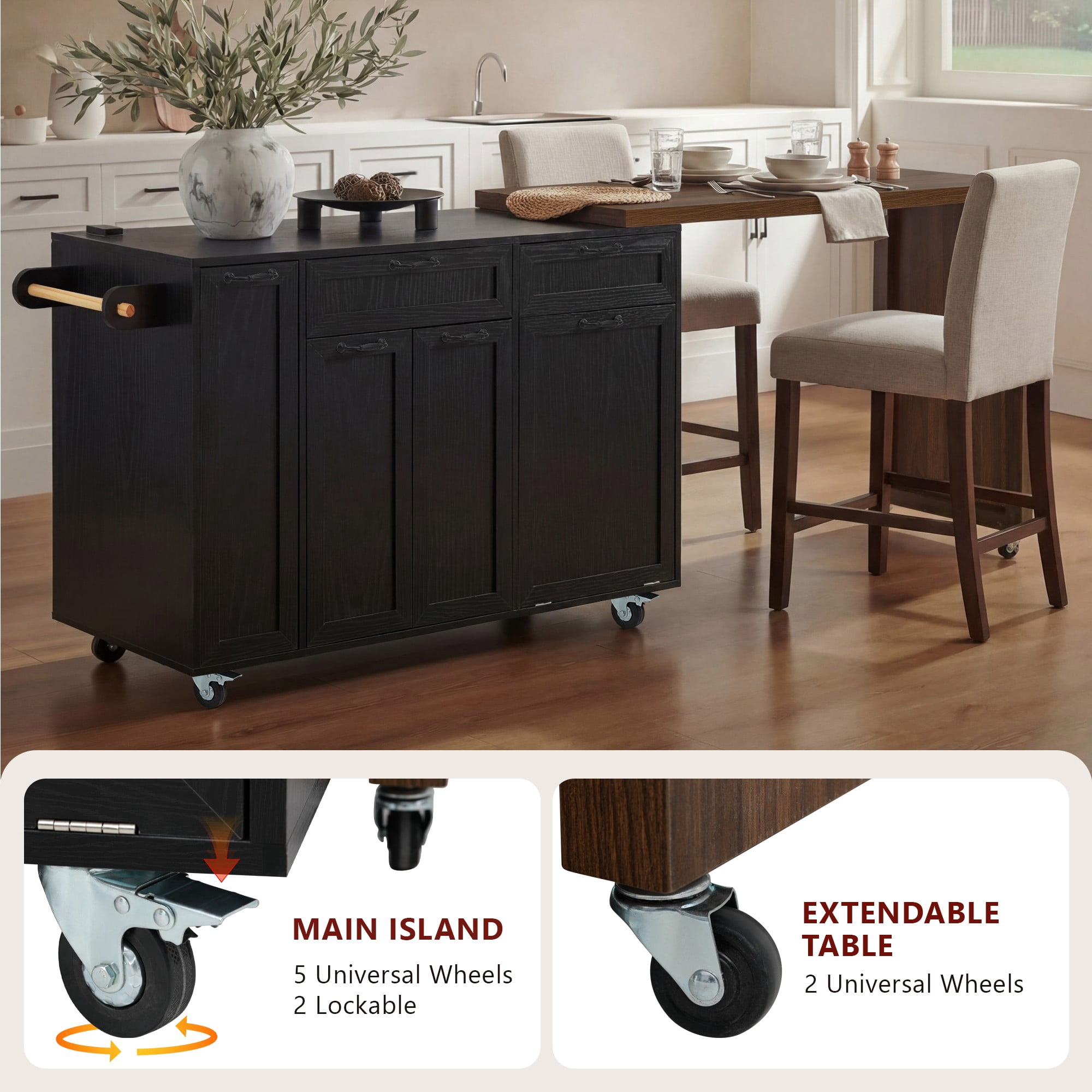 Mintazer 102.3" Kitchen Island with Extendable Dining Table, Kitchen Rolling Island Cart with Spice Rack & Wheels, Mobile Island Table with Trash Storage Cabinet, Black & Walnut
