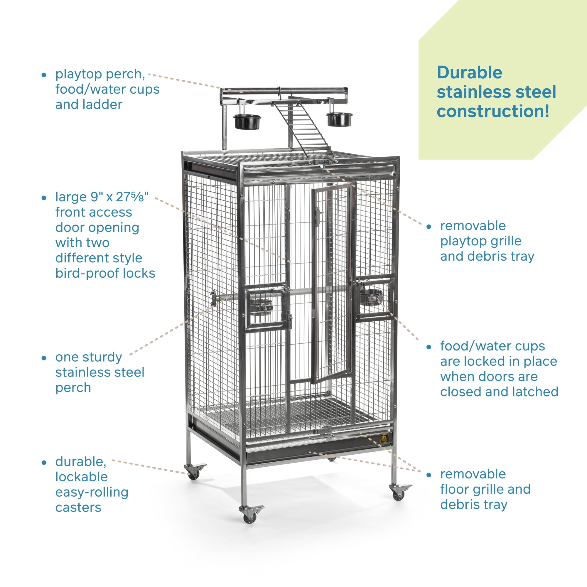 Prevue Pet Products Stainless Steel Playtop Bird Cage - Ideal for Cockatiels, Quakers, Green Cheek Conures, Parakeets, Lovebirds, Small Amazons, Parrots, Rolling Enclosure - Stainless Steel, Medium