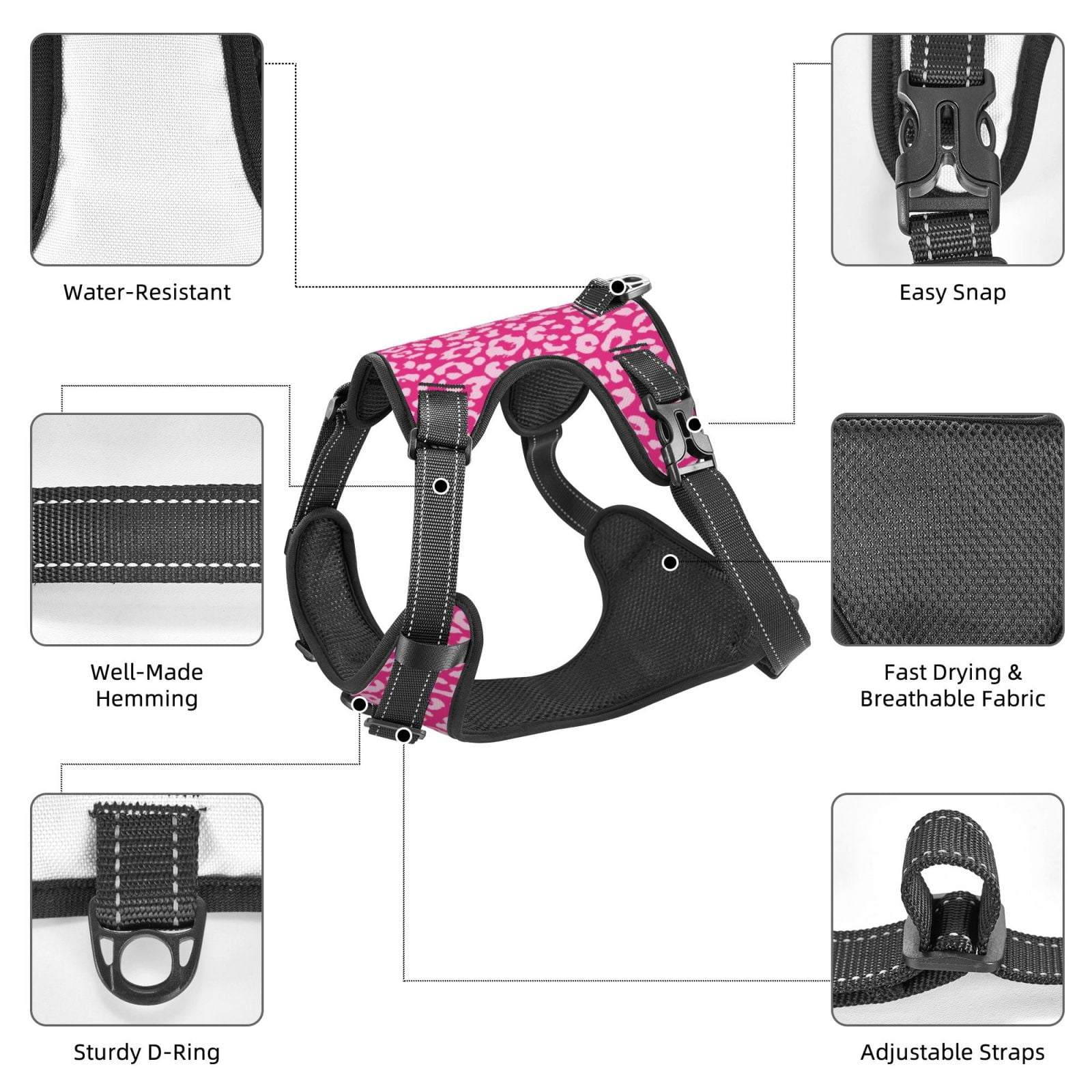 Vsdgher Leopard Pattern Dog Harness,No Pull Pet Harness with Soft Padded Handle,Adjustable Reflective Vest with 2 Buckles,4 Slide Buckles,S-XL