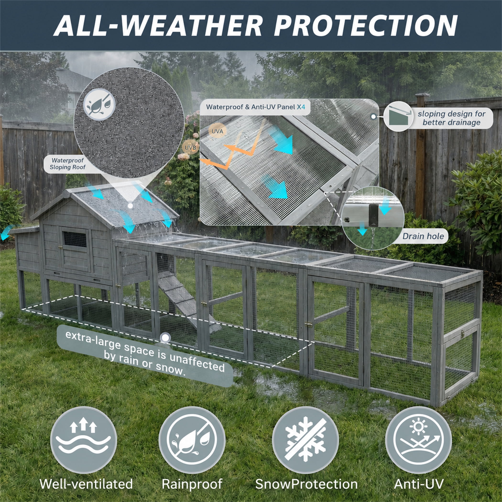 Aukfa 141" Extra Long Chicken Coop Wooden 2 Tier Chicken Run Cage with Nesting Boxes, UV Panel, Free-range Door for Outdoor, Backyard, Gray