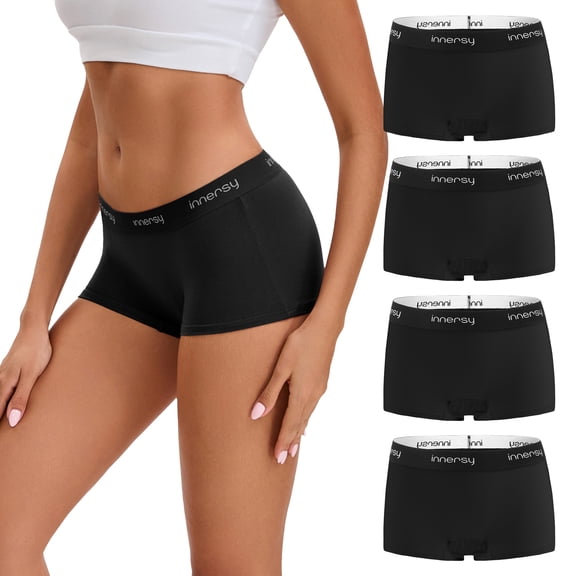 INNERSY Women's Cotton Boyshort Underwear Full Coverage Soft Stretch Boxer Briefs 4-Pack(L,Black)