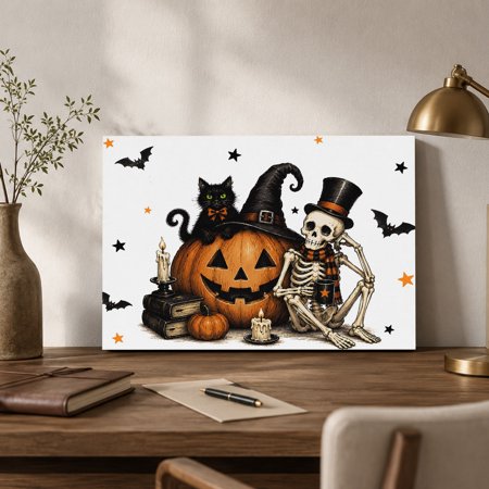 Halloween Canvas Wall Art Carving Orange Pumpkin Skeleton Black Cat Books Wall Art Prints Artwork Framed Canvas Ready to Hang Art Pictures for Bathroom Nightstand Narrow Hallway 14 x 11
