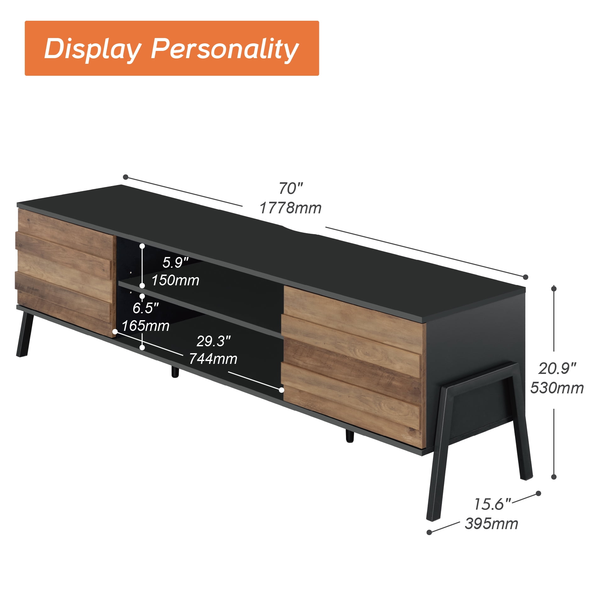Mid Century Modern TV Stand for 75 inch TV, Wood TV Console Media Table with 6 Storages for Living Room Bedroom, Black/Brown