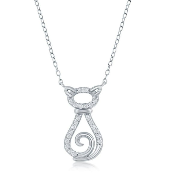 Beaux Bijoux Cat Simulated Diamond CZ 16 2” Necklace Sterling Silver Jewelry for Women or Teens
